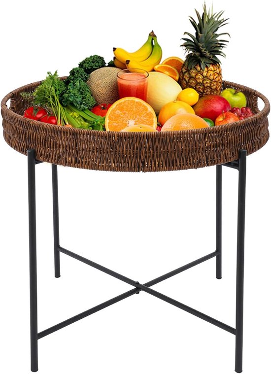 48 x 49 cm gevlochten ronde bijzettafel, ijzeren & PP salontafel, outdoor rotan tafelblad met inklapbare houder
