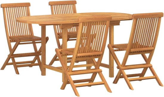 5 stuks, bruin, massief teak, moderne tuintafelset met strakke lijnen en minimalistisch design voor terras en tuin, natuurlijke bruine afwerking, geolied