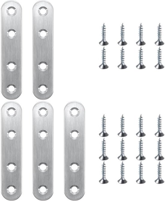 5 stuks platte verbinders, 95 x 20 x 3 mm, roestvrij staal, houtverbinders, gatenplaat, metaal, platte hoekverbinders met 20 schroeven, voor meubels, kasten, planken