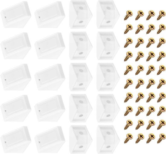 50 Stuks 17.5x20x20mm 90 Graden Plastic Hoeksteunen met Dekkap, ABS L-vormige Hoekbeugels voor Meubelreparatie, Kasten en Boekenplanken, Inclusief Schroeven voor Doe-het-zelf Projecten