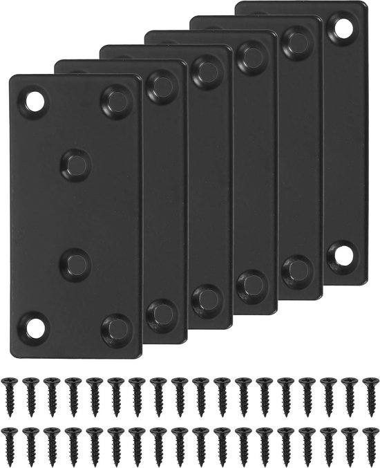 6 sets platte reparatieplaten, 1,6 x 3,15 inch (3,15 cm) plat, roestvrij staal, rechte houder, verbindingsplaat met schroeven voor de reparatie van hoeken van houten meubels, zwart