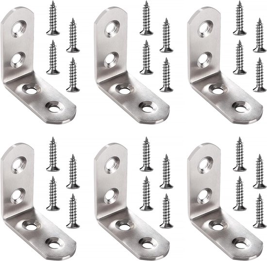 6 Stuks 45x45x20x2.5 mm L-Beugels, Roestvrijstalen L-Vormige Hoekbeugels, 90 Graden Haakse Beugelbevestiging, met 24 Stuks Schroeven, voor Meubels Bureau Tafelplank