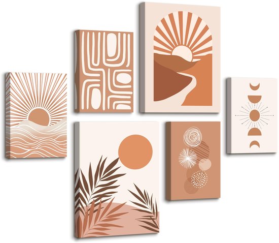 6 stuks botanische zonfoto's met lijst voor slaapkamer, geometrische lijnen, zon wandprints, abstracte planten, blad, poster, wandafbeeldingen voor woonkamer, keuken, 6 stuks