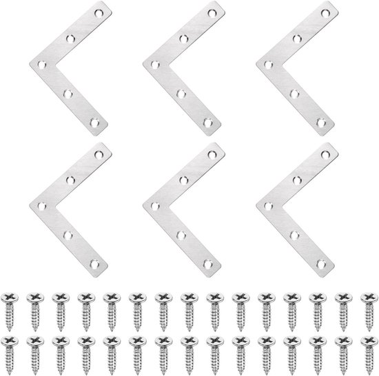 6 stuks L-vormige platte hoek, 3,15 inch x 3,15 inch, metalen platte hoek, rechthoekige verbindingshoek, montageplaat met schroeven, voor houten lijsten, meubelbevestiging, verbinding zilver