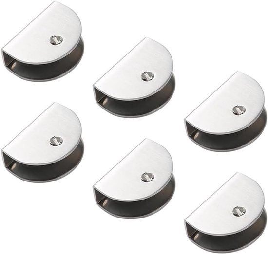 6 stuks roestvrijstalen cliphouder, verstelbare glazen plankbeugels, wandmontage, halfronde glazen klem, spiegelclips, vast voor 12 mm dikte glas en bord