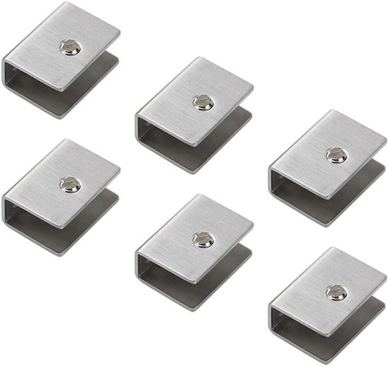 6 stuks roestvrijstalen cliphouder, verstelbare glazen plankbeugels, wandmontage, vierkante glazen klem, spiegelclips voor 10 mm dikte glas en bord