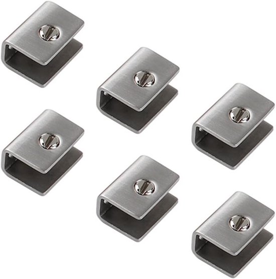 6 stuks roestvrijstalen cliphouder, verstelbare glazen plankbeugels, wandmontage, vierkante glazen klem, spiegelclips voor 8 mm dikte glas en bord