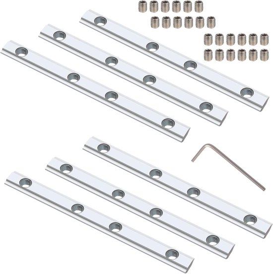 6 stuks verbindingsstukken, aluminium profielconnectoren, rechte binnenlijn, 10 cm lengte, met M5-schroeven, voor 20 x 20-serie, 6 mm groef (zilver, 6PACK-2020)