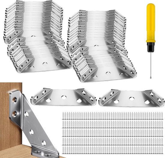 60 Stuks Hoekverbindingen, Metalen Hoekconnectoren voor Meubelconstructie met 240 Schroeven en Schroevendraaier, RVS, Driehoekige Vorm, Hoekklemmen, Meubelverbindingen en Ondersteuning