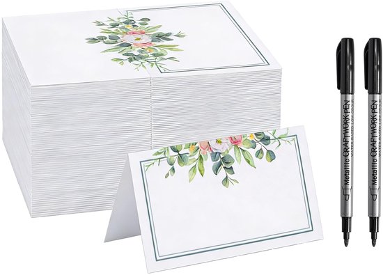 60 stuks plaatskaarten voor tafel en 2 stuks metallic markeerstiften, groene bladnaamkaarten voor tafelinstelling, tafelplaatskaarten geschikt voor bruiloften, verjaardagsfeesten, bijeenkomsten, enz