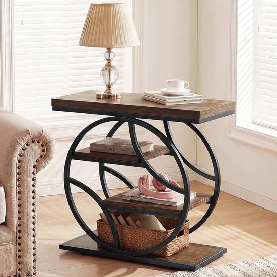 65cm Side Table for Living Room, Slim End Besides Table with 4-Tier Storage Shelf, Small Industrial Nightstand Sofa Table with Geometric Metal Frame, for Home Bedroom Small Space