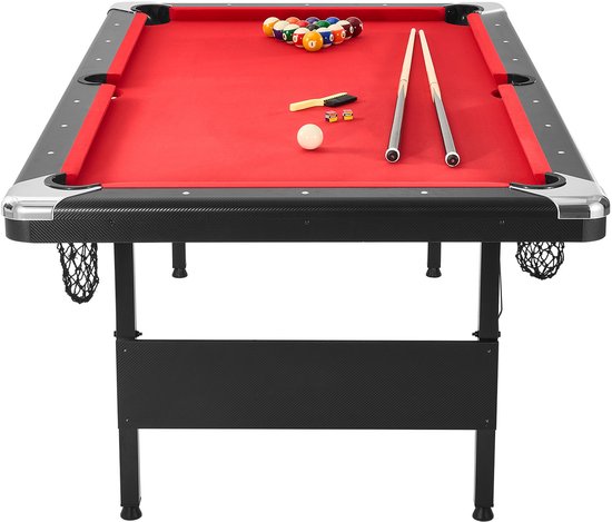 7 ft biljarttafel, draagbare, opvouwbare biljarttafel, incl. ballen, keuen, krijt en borstel, zwart met rood laken, perfect voor de familiekamer van Merkloos