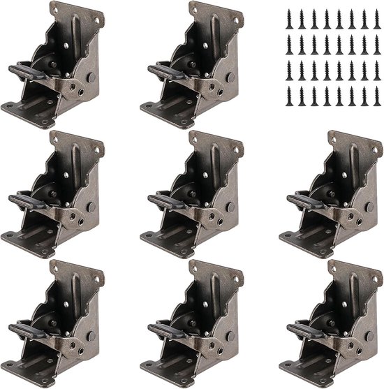 8-delige Vouwbare Steunbeugel 68 x 63 x 50 mm, 0-90 Graden Vouwscharnier, Zelfvergrendelende Scharnieren met Schroeven voor DIY Vouwtafel en Meubelondersteuning