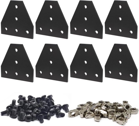 8 stuks 2020 hoekhouderplaten, T-vormige scharnierplaat, aluminium extrusieconnector-houder met moeren, 5-gaats buitenverbindingsplaat voor aluminium profielen uit de serie 2020, zwart