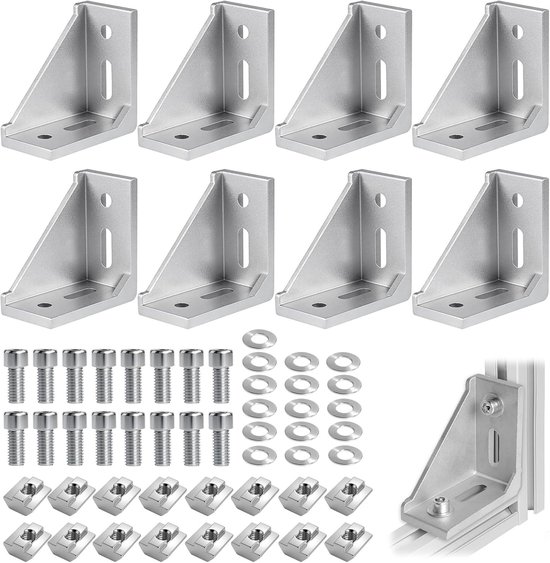 8 stuks aluminium hoekbevestigingsmateriaal, 30 x 60 aluminium hoekconnectoren met 16 sets vaste schuivers, 90° hoekconnector, gemaakt van aluminium voor aluminium profielen