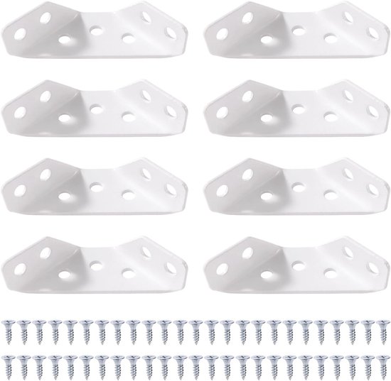 8 Stuks Hoekbeugels van RVS 1.5mm Dikte, Trapeziumvormige Hoeksteunen met 50 Schroeven voor Houten Meubels, Planken en Tafels, Klein Wit