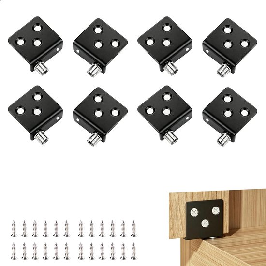 8 stuks metalen hoeken voor hout, geruisloos, L-vormige houders met 16 schroeven voor alle kasten, corrosie- en roestbescherming, 35 x 17 x 32 mm (zwart)