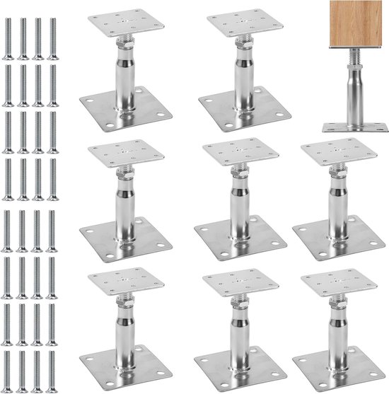 8 stuks paaldragers, in hoogte verstelbaar, 90-140 mm paalschoen, steunvoet, verzinkte balkenschoenen, vloervoet, verstelbare paalschoenen, paalankers voor hekken, schuilplaatsen, carports