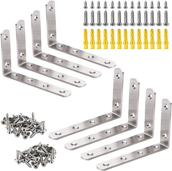8 Stuks Robuuste Hoekbeugels van RVS, L-vormige Steunen voor Wandplanken en Meubelondersteuning - Inclusief 2 Maten Schroeven en Expansiebuis (125×75mm)