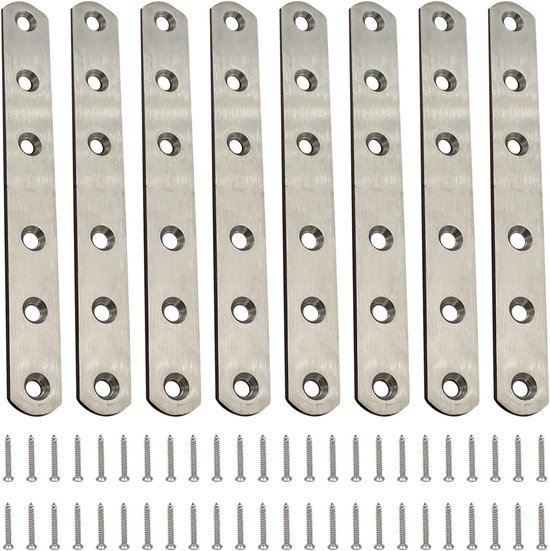 8 stuks roestvrijstalen geperforeerde platen, platte verbindingen, roestvrijstalen houder, metalen verbinders, houten verbinders, platte hoekbeugels met 48 schroeven