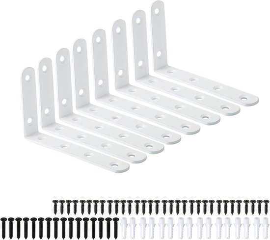 8 Stuks Witte Planksteunen, 125mm x 75mm x 20mm, Stevige Metalen L-Beugels voor Wandplanken, Muurbeugels voor Hoekplanken, Ondersteuning voor Thuis en Kantoor