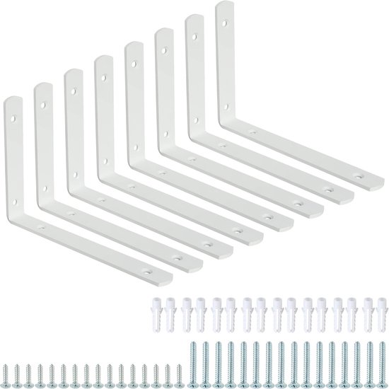 8 Stuks Witte Planksteunen, 147mm x 100mm x 20mm, Sterke Metalen L-Beugels voor Wandplanken, Ideaal voor Thuis en Kantoor, Hoeksteunen voor Planken en Opslag