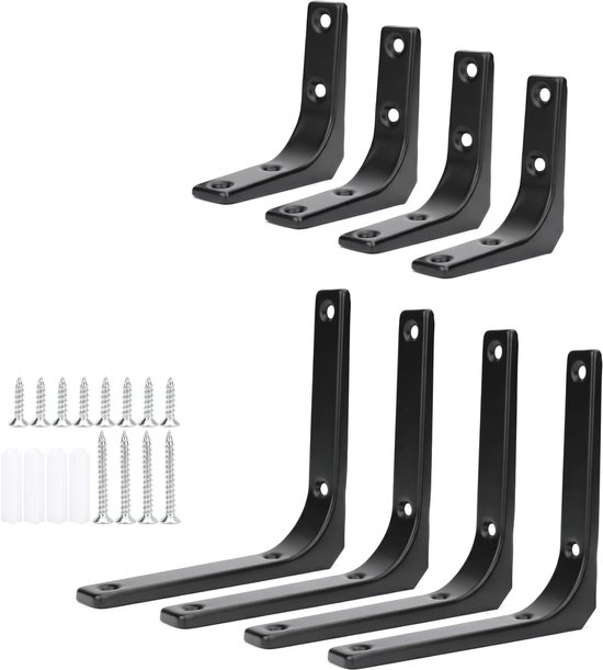 8 stuks zwarte plankbeugels, L-beugels voor planken, zware metalen muurbeugels voor planken, wandophanging, houten planksteunen in keuken, thuiskantoor, met schroeven (3 inch, 5 inch)