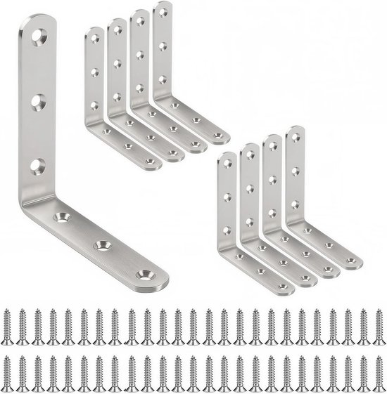 8 x Hoekbeugels (100 x 100 x 20) 90 graden L-vormige hoekbeugelbeugel voor houtbevestiging, verbinding, repareren, meubelplanken, roestvrij staal, ondersteuningsconnector, zilver met schroeven