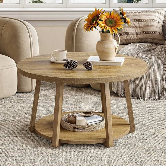 80 cm ronde salontafel met opbergruimte, kleine woonkamertafel met houten poten, eenvoudig te monteren, bijzettafel voor woonkamer, kleine ruimtes, slaapkamer, eiken