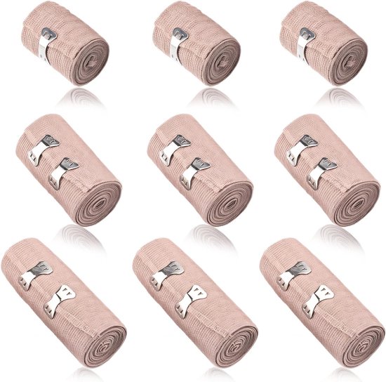 9 elastische verbanden 4,5 m - Compressieverband voor pols, enkel en knie - Ideaal bij verstuikingen en blessures met metalen clips