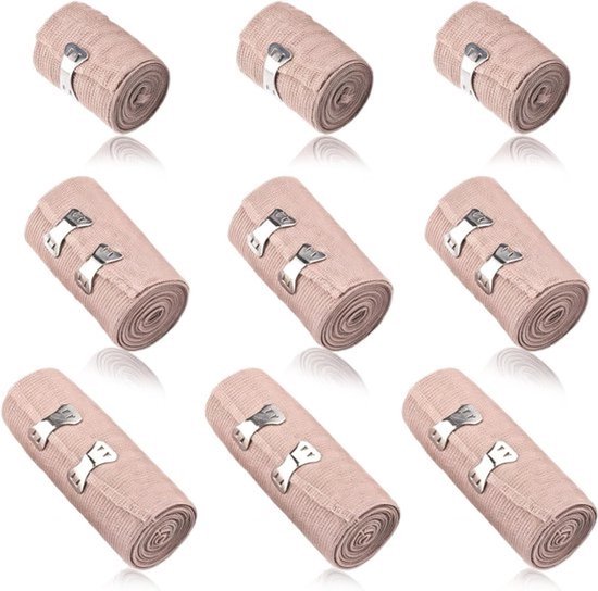 9 elastische verbanden - 4,5 m - Compressieverband - voor pols, enkel en knie - Voor verstuikingen en blessures - met metalen clips