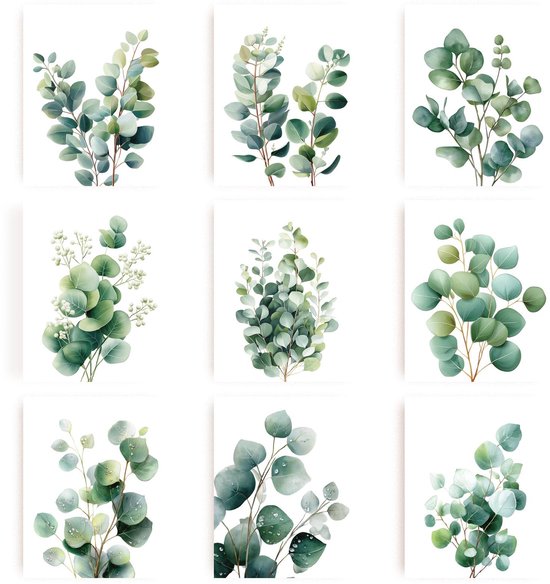 9 Set Eucalyptus Bladeren Wall Art Botanische Canvas Muurprints Niet ingelijst Groen Moderne Posters Foto's Groene Eucalyptus Prints Plant Poster Sticker voor Slaapkamer Badkamer Woonkamer