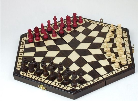 ABINO houten schaakspel voor 3 personen 272533 - uitklapbare doos 34 x 42 cm, vanaf 7 jaar