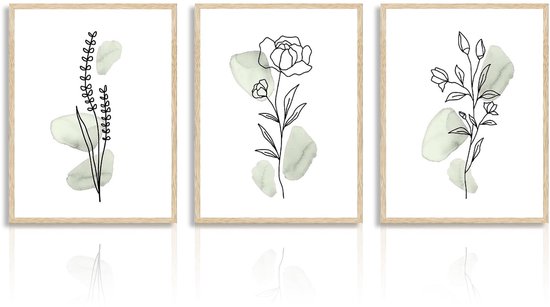 Abstracte Botanische Wanddecoratie Poster Minimalistische Sage Green Bloemen Lijn Muurposters voor Slaapkamer Woonkamer Decor 12x16 in Niet Ingelijst Set van 3