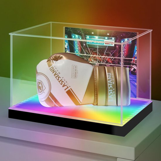 Acryl Displaycase voor Boxhandschoenen met LED Verlichting, UV- en Stofbescherming, Inclusief Steun en Fotohouder
