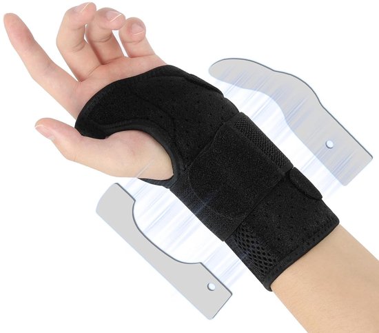 Ademende Polssteun met 2 Metalen Handspalken, Verstelbare Ondersteuning voor Carpaal Tunnel Syndroom, Verstuikingen en Tendinitis (Maat M - Zwart, Linkerhand)
