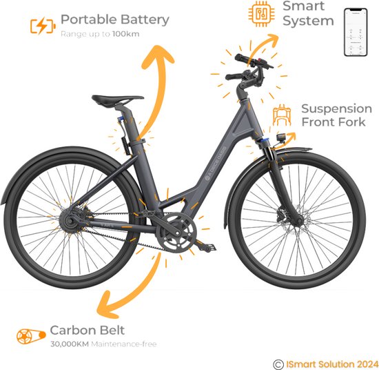 ADO E-bike A28 Air Elektrische Fiets | e-bike | 345Wh Samsung-batterij | 100-150km Actieradius | Geavanceerde Koolstofriem | IPX7-display voor Slimme Navigatie | 250W Motor | Donker Grijs van ADO