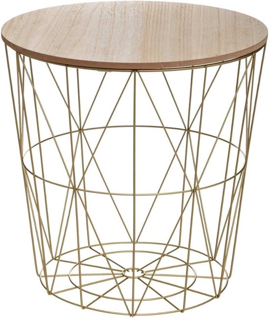 ATM-157056I Metalen koffietafel, goudkleurig, met houten plaat, hoogte 41 cm, goudkleurig