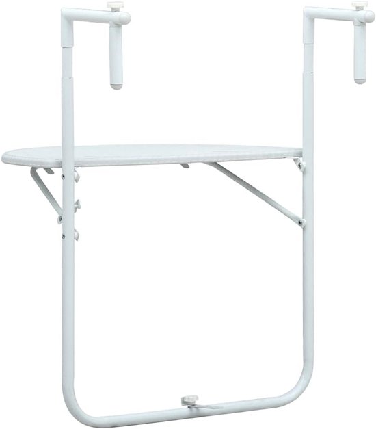Balkonhangtafel 3-voudig in hoogte verstelbaar werkblad balkontafel opklapbaar wandklaptafel outdoortafel voor balkon staal wit 60 x 64 x 83,5 cm kunststof rotanlook
