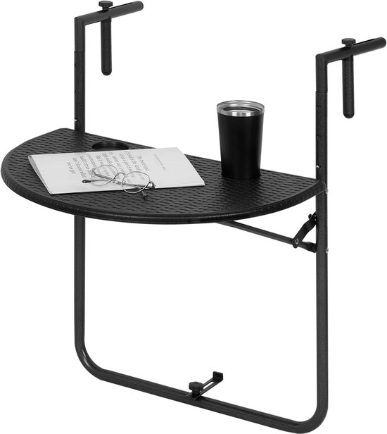 Balkonhangtafel, balkontafel om op te hangen, hangtafel, inklapbaar, bijzettafel, tuintafel, klaptafel met 3 hoogtes, 2 bekerhouders, in rotan-look, 59,5 x 39 cm, zwart CPT8143sz