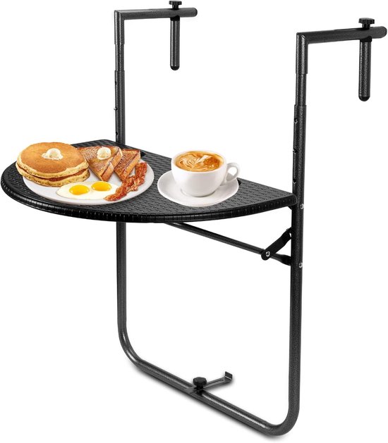 Balkonhangtafel, inklapbaar, balkontafel om op te hangen, balkonhangtafel, 3-voudig in hoogte verstelbaar, inklapbare tafel, b x d: 62 x 40 cm, voor balkon, leuningen, zwart, rotan-look