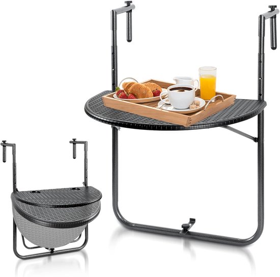 Balkonhangtafel, inklapbaar, balkontafel om op te hangen, balkonhangtafel, 3-voudig in hoogte verstelbaar, weerbestendig, inklapbare tafel, b x d: 62 x 40 cm, voor balkon, leuningen, zwart,