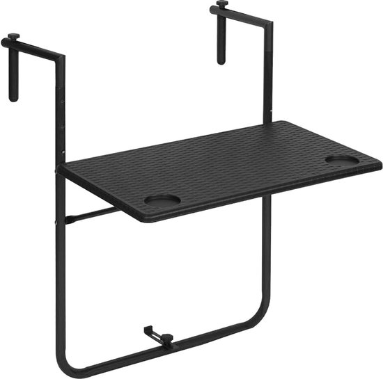 Balkonhangtafel, inklapbaar, balkontafel om op te hangen, hangtafel voor balkonleuningen, bijzettafel, klaptafel met 3 hoogtes verstelbaar, tafelblad 60 x 36 cm, in rotan-look, zwart