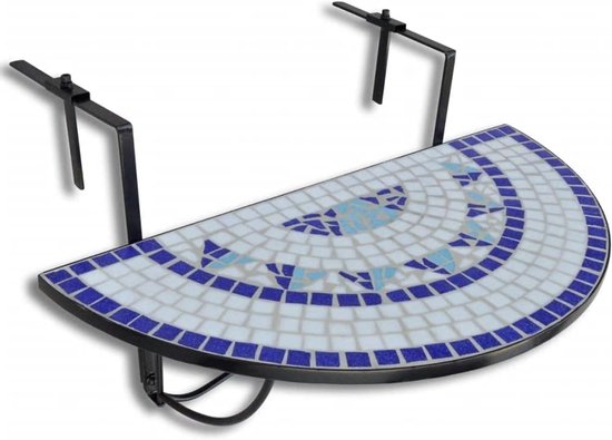 Balkonhangtafel met keramisch mozaïek in blauw en wit, inklapbare terrastafel voor leuningen tot 18 cm dikte, praktische koffietafel voor dranken en snacks