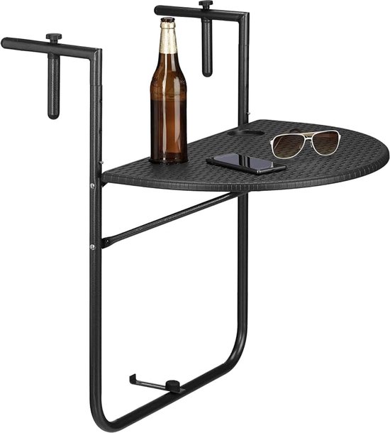 Balkontafel, 60 x 40 cm, 3 niveaus, verstelbaar, rotan look, zwart