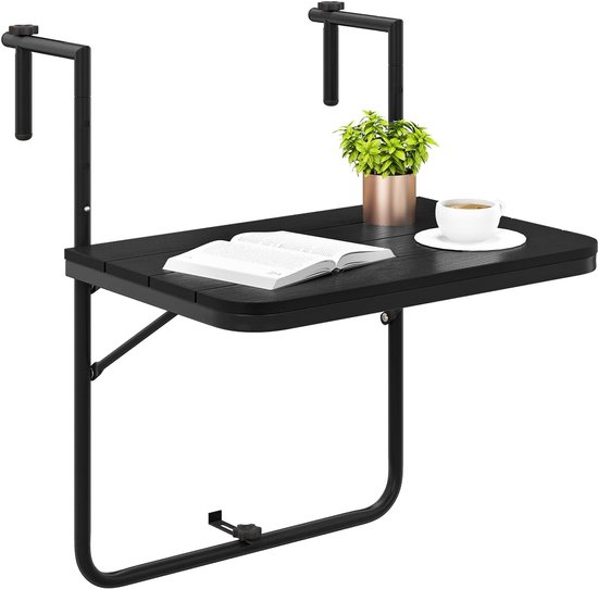 Balkontafel, hangend, balkonhangtafel, inklapbaar, 3-voudig in hoogte verstelbare hangtafel voor balkonleuningen, bijzettafel, klaptafel, weerbestendig, tafelblad 60 x 40 cm (zwart)