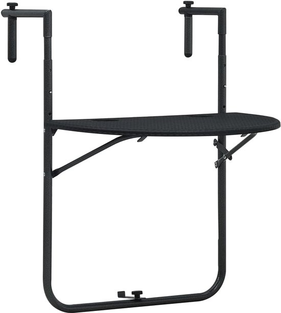 Balkontafel, inklapbare balkontafel, hangtafel voor balkon, leuningtafel, tafel voor balkon, zwart, 60 x 64 x 83,5 cm, kunststof rotan