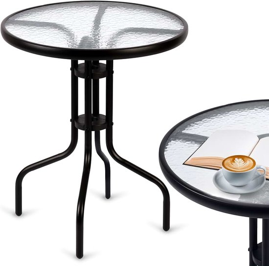 Balkontafel rond staal gepoedercoat glas gehard metaal zwart