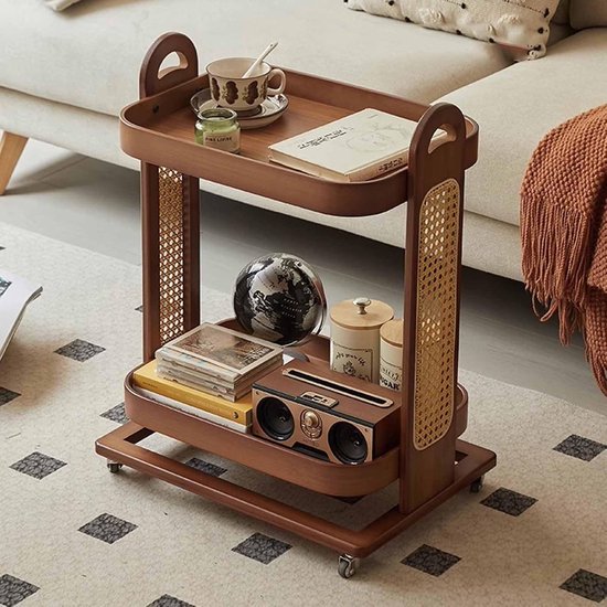 Bamboe bijzettafel, 2-laags opslag met rotan accenten & 360° stille wielen, bank nachtkastje voor thuiskantoor slaapzaal
