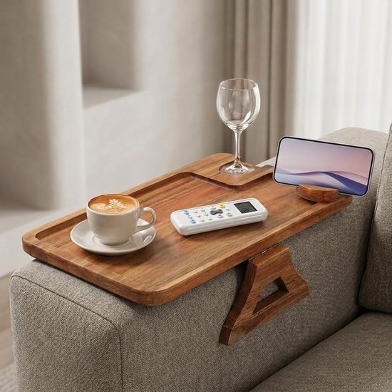 Bank Arm Dienblad, Acacia Hout Clip On Sofa Armleuning Tafel met Wijnglas Houder, Opvouwbare Fauteuil Tray met 360 ° gedraaide telefoonhouder, Bankleuning tafel voor Snack Afstandsbediening